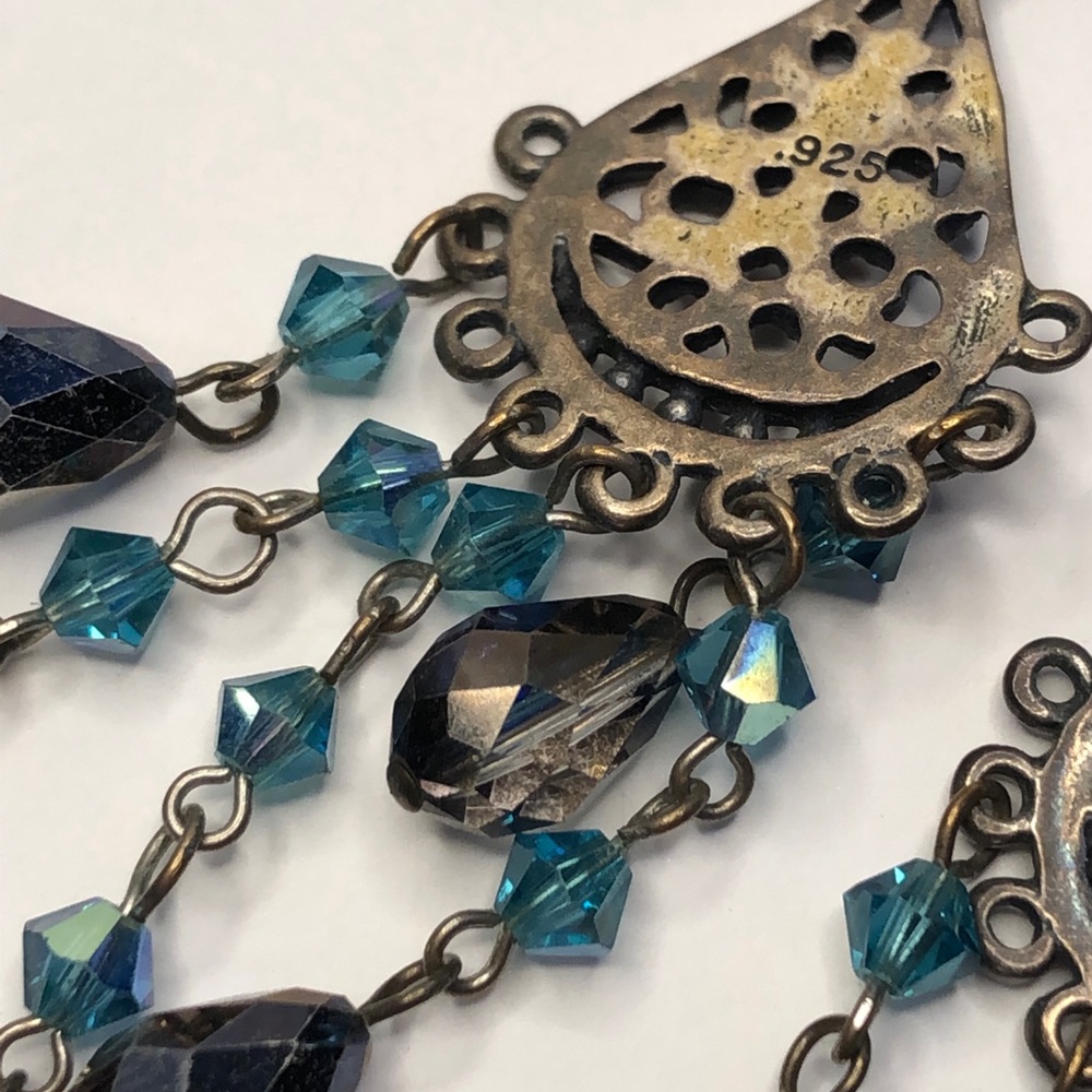 Handmade Sterling silver boho earrings w/ Swarovski crystals in charcoal & aqua - Picture 10 of 11